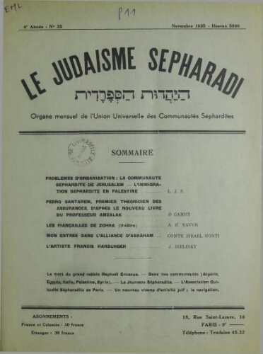 Le Judaïsme Sephardi N°35 (01 novembre 1935)